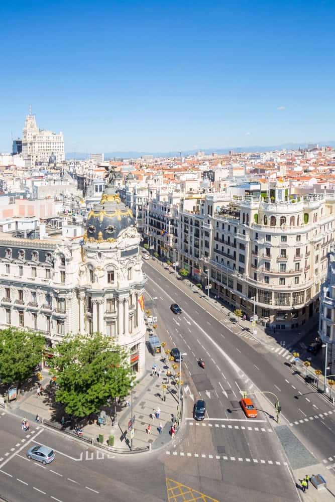 Vista aérea de la Gran Vía y el edificio Metrópolis, representando el amplio conocimiento del mercado por parte de Virginia Gadea, asesora inmobiliaria en Madrid.