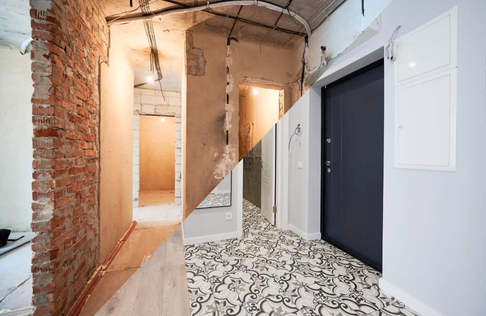 Comparativa antes y después de una reforma integral en un piso de Madrid, mostrando un pasillo en obras y el resultado final con suelo hidráulico y puerta de seguridad.